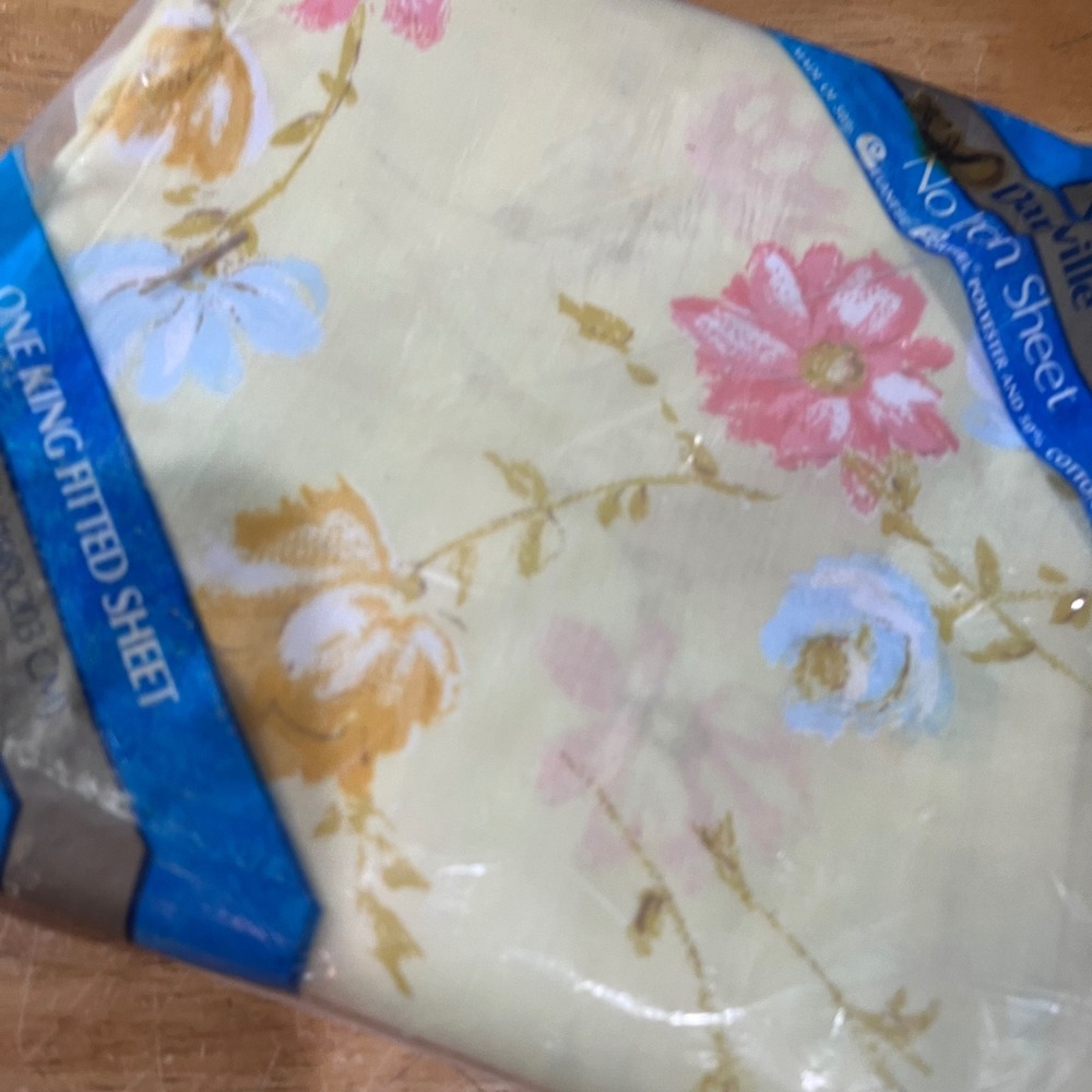 Vtg Danville King Fitted Sheet Floral Pink Blue Yellow No Iron Muslin New USA - Picture 2 of 6